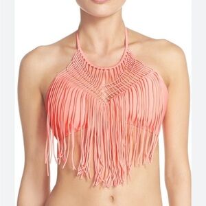 Luli Fama Heart Of A Hippie Weave Fringe Halter Bikini Top